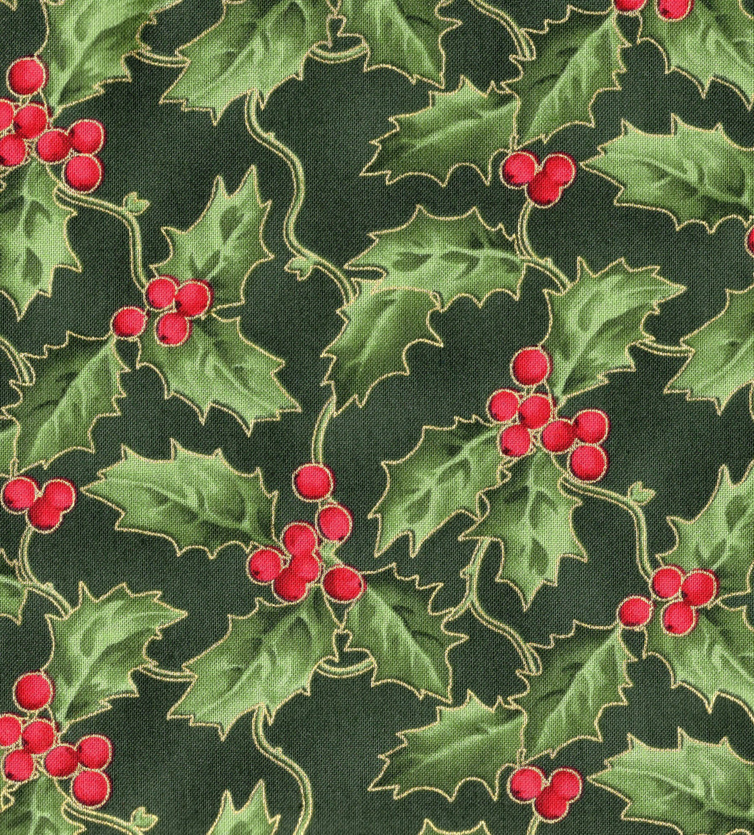Holly Leaves And Berries / Hunter / Gold Metallic ho200