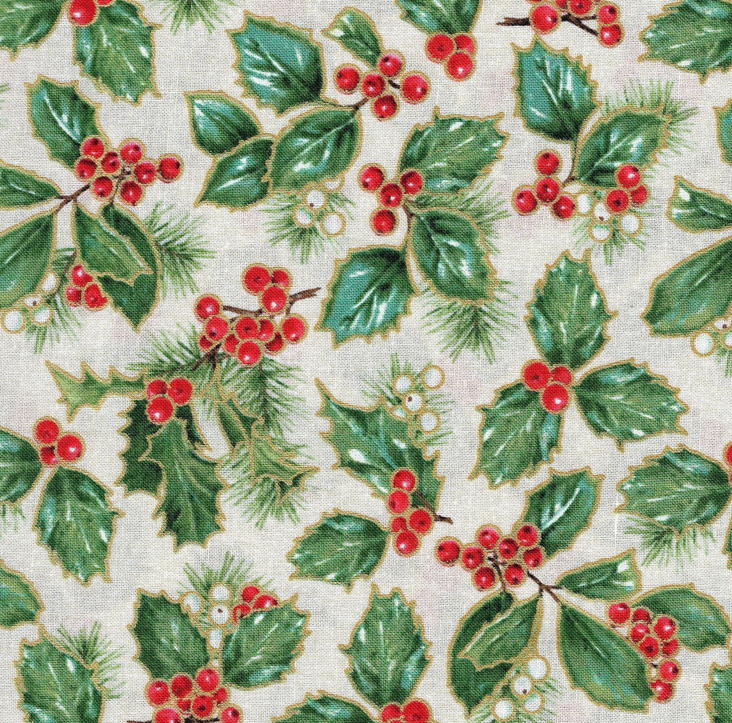 Holly Leaves and Berries with Gold Metallic / Cream ho648
